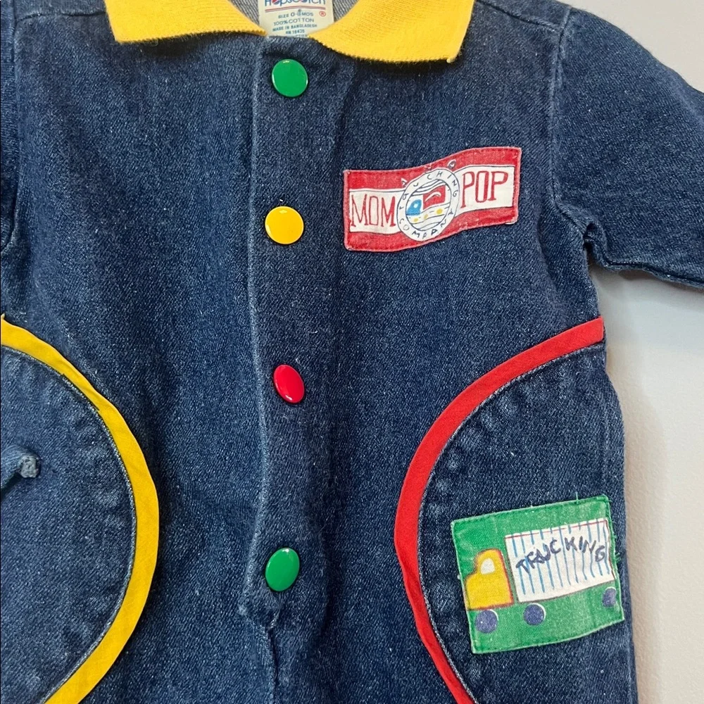 Vintage 1980'2 1990's Kids Blue‎ Denim Jumpsuit Yellow Red Green Baby 0-3 Months